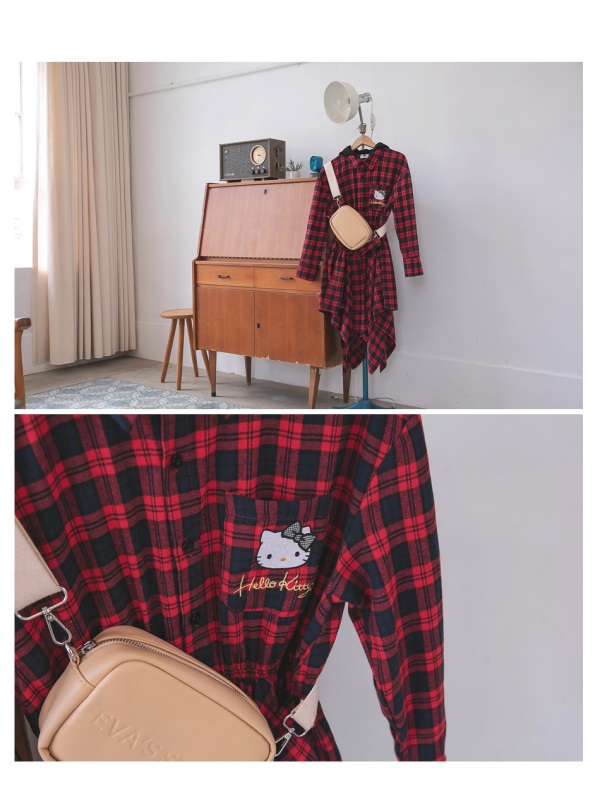 冬季旅行系列~格紋KITTY刺繡腰綁帶不對稱長袖洋裝-OB大尺碼