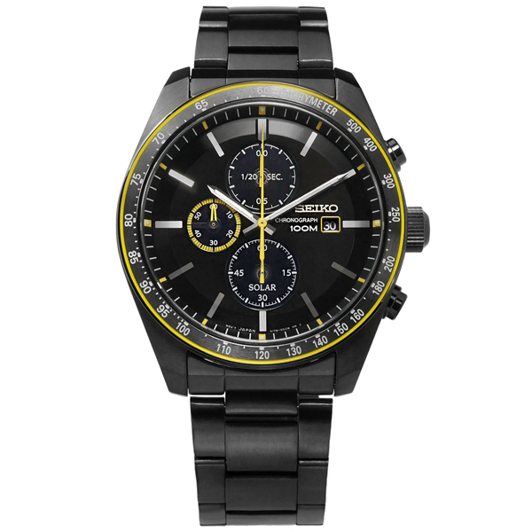 SEIKO 太陽能藍寶石水晶防水100米不鏽鋼手錶-黑x鍍深灰/43mm