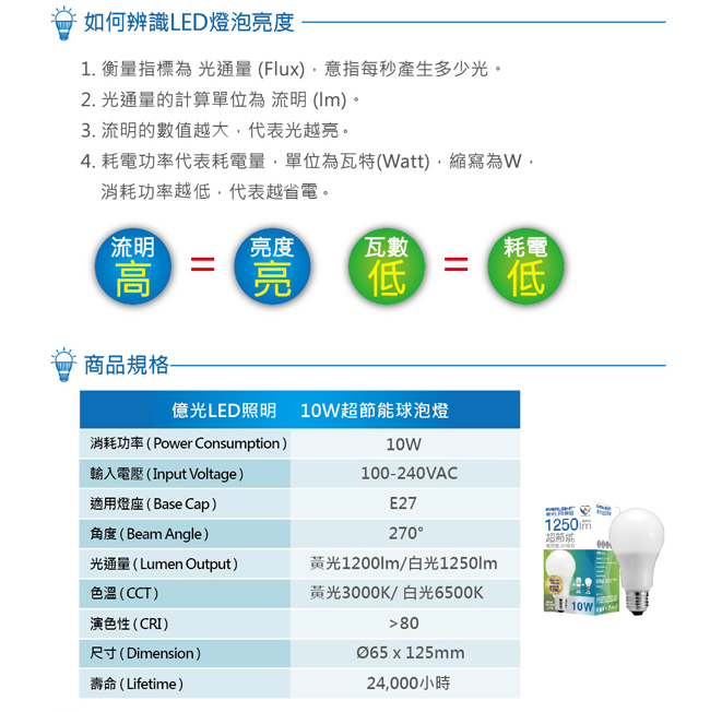 Everlight億光 10W LED燈泡 全電壓E27節能標章-黃光4入