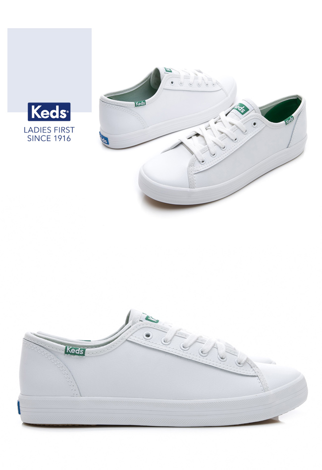 Keds KICKSTART 韓國同步皮革綁帶休閒鞋-白/綠