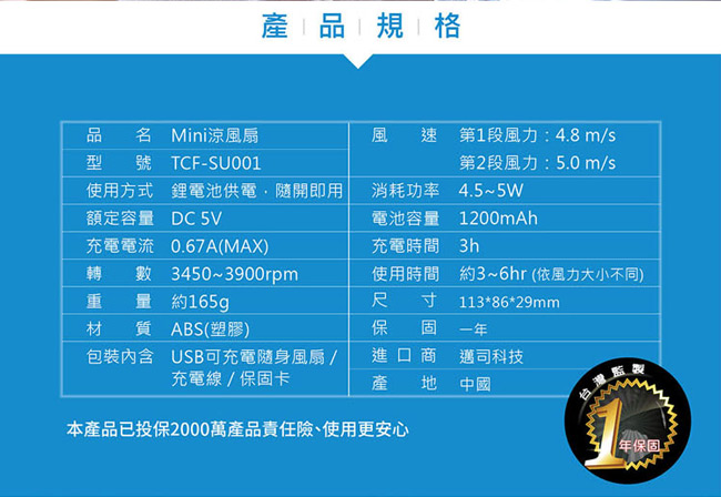 TCSTAR Mini 涼風扇 TCF-SU011BU