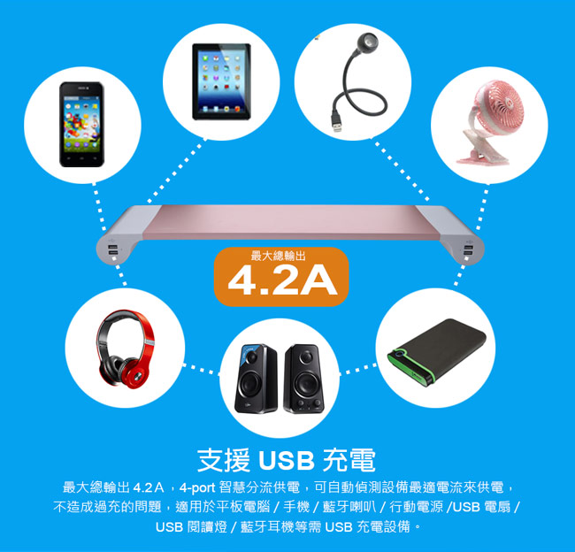 TCSTAR 4孔USB 鋁合金鍵盤/螢幕桌上收納架-灰 TCT1400