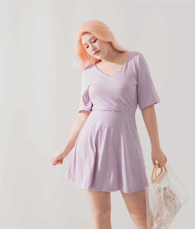 AIR SPACE PLUS 配色條紋鏤空舒棉洋裝(紫)