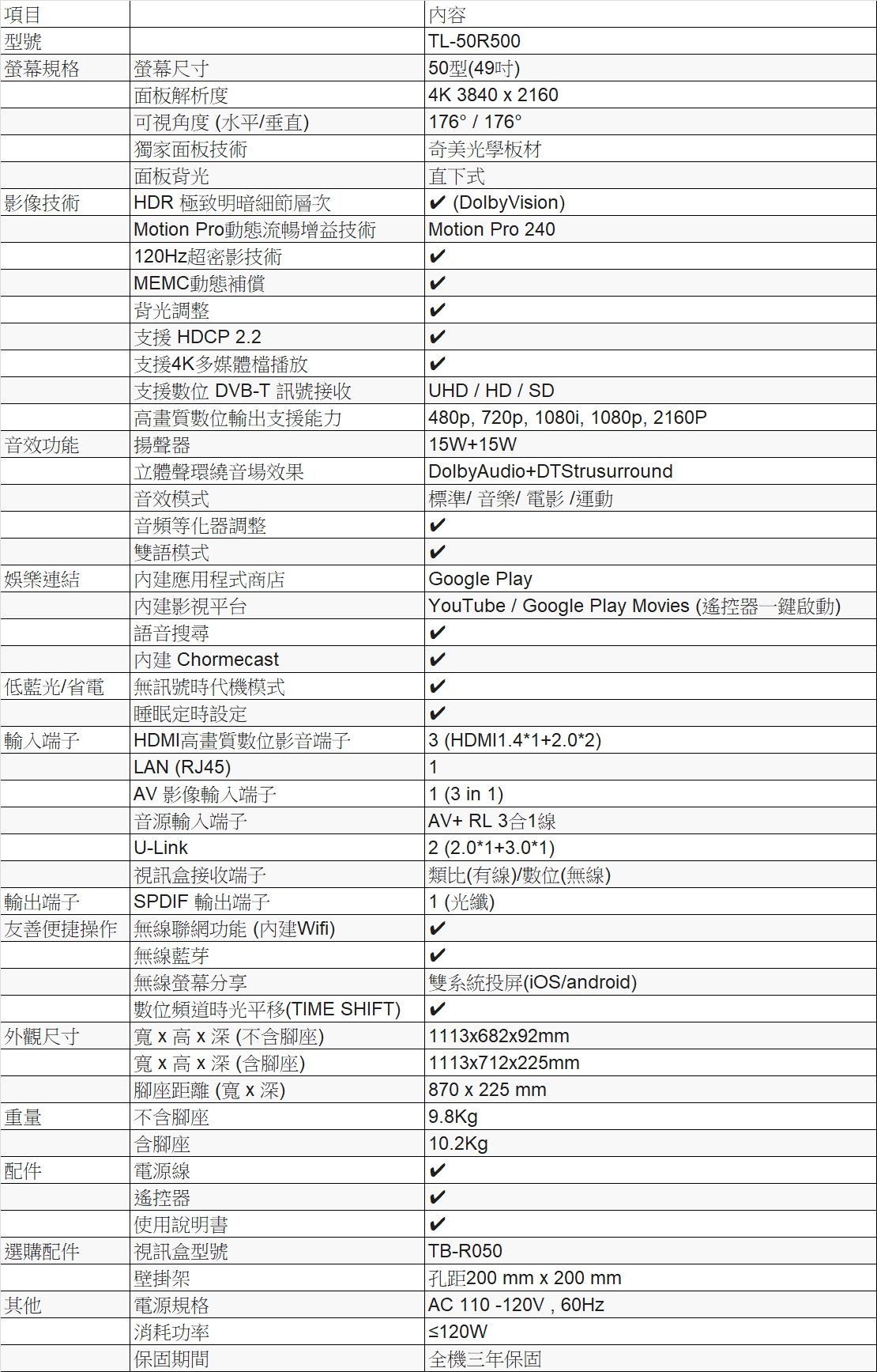 奇美CHIMEI 49吋 4K 智慧連網液晶顯示器 TL-50R500