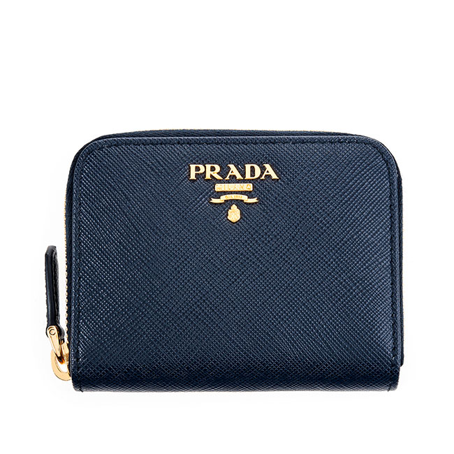 PRADA 經典Saffiano 金字LOGO十字紋牛皮拉鍊零錢包 (深藍)