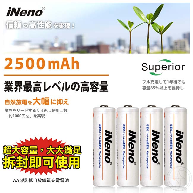 【iNeno】低自放3號鎳氫充電電池(4入)+USB鎳氫電池充電器2槽(201D)