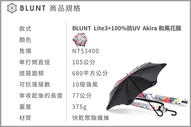 BLUNT+ Akira 和風花簇 Lite 3+100% 完全抗UV勾勾傘