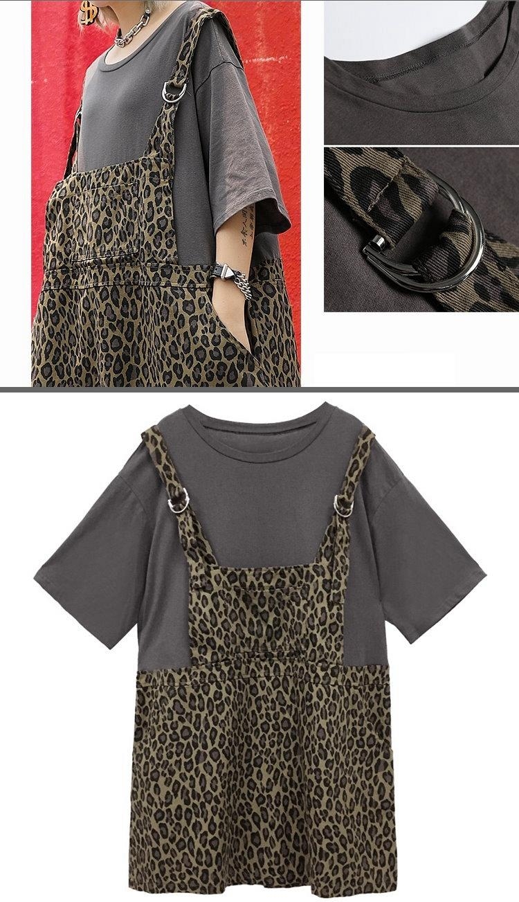 假兩件T恤拼接豹紋背帶寬鬆連衣裙-F-CLORI