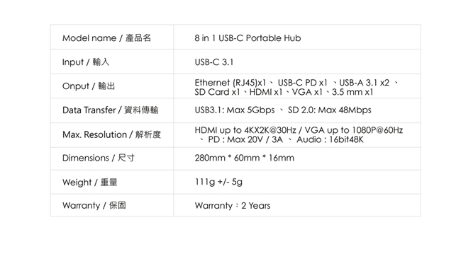 Feeltek 8 in 1 USB-C 多功能轉接器