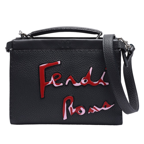 FENDI 經典PEEKABOO系列紅色品牌LOGO荔枝紋小牛皮手提/肩背包(深灰色)