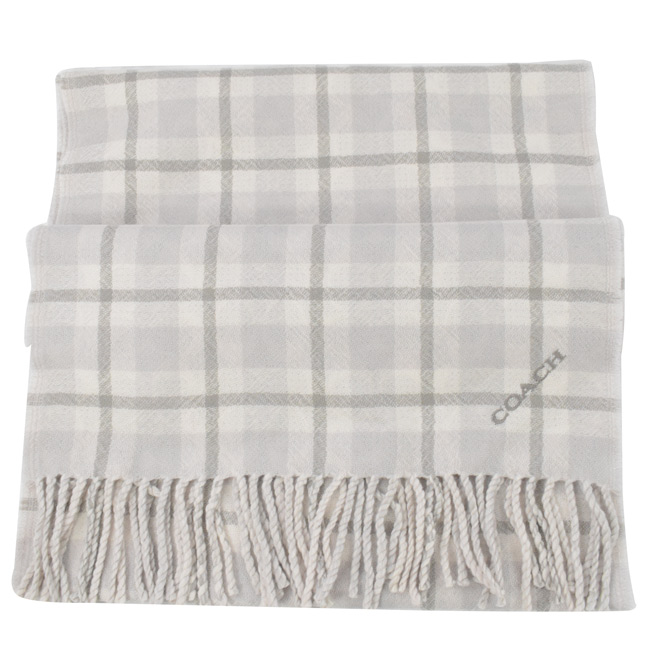 COACH 小LOGO格紋造型長型羊毛圍巾(灰白)