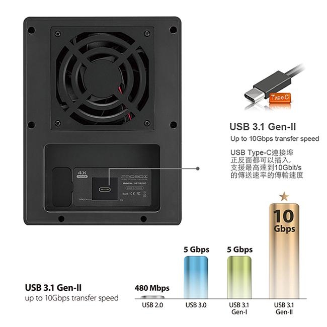 PROBOX USB3.1 Gen-II 3.5/2.5吋通用四層式SATA硬碟外接盒