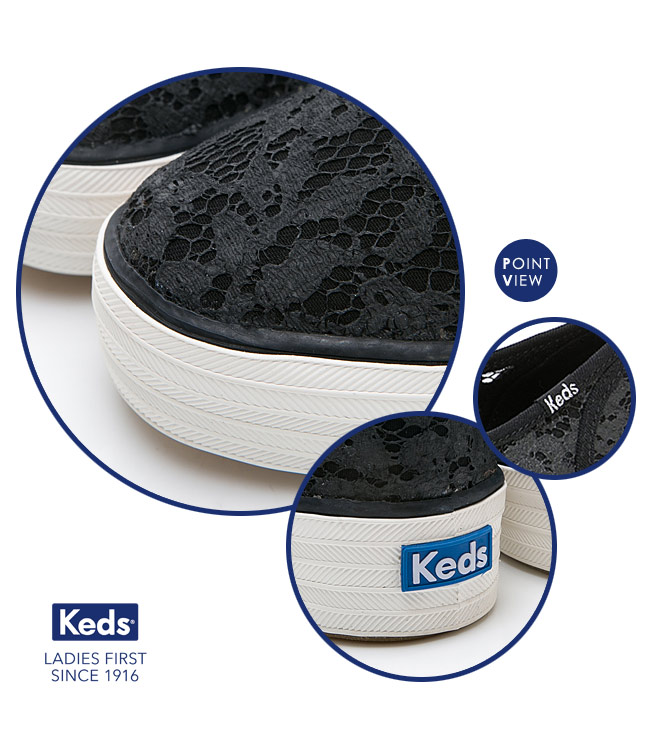 Keds TRIPLE 蕾絲緹花厚底綁帶帆布鞋-黑