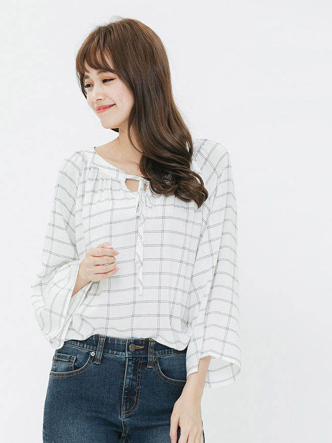 H:CONNECT 韓國品牌 女裝-甜美感綁結格子上衣-白
