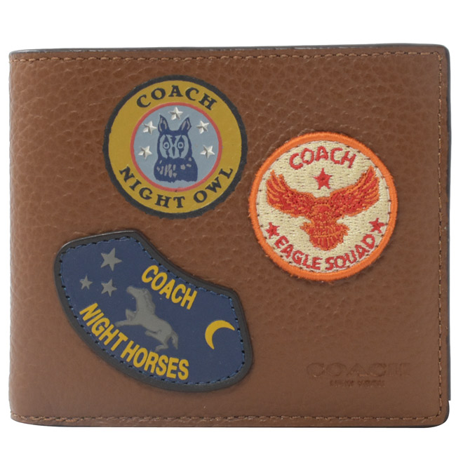 COACH 徽章LOGO牛皮八卡短夾(咖)