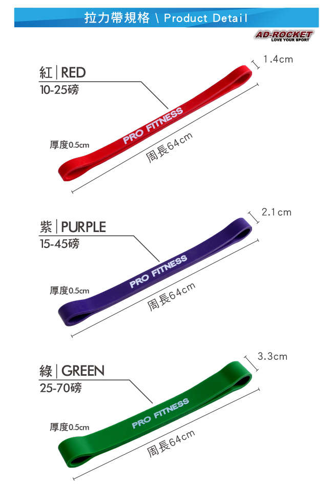 AD-ROCKET PRO FITNESS 橡膠彈力帶 拉力繩 阻力帶 紅 綠