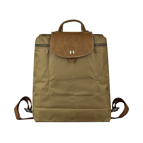 LONGCHAMP LE PLIAGE壓印LOGO尼龍摺疊拉鍊後背包(卡其)