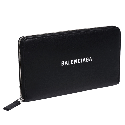 BALENCIAGA 經典EVERYDAY系列品牌字母LOGO壓紋小牛皮拉鍊手拿長夾(黑)