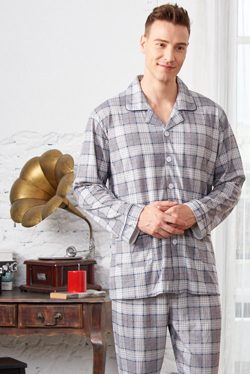 睡衣 經典格紋 針織棉男性長袖兩件式睡衣(R78222-6灰色) 蕾妮塔塔