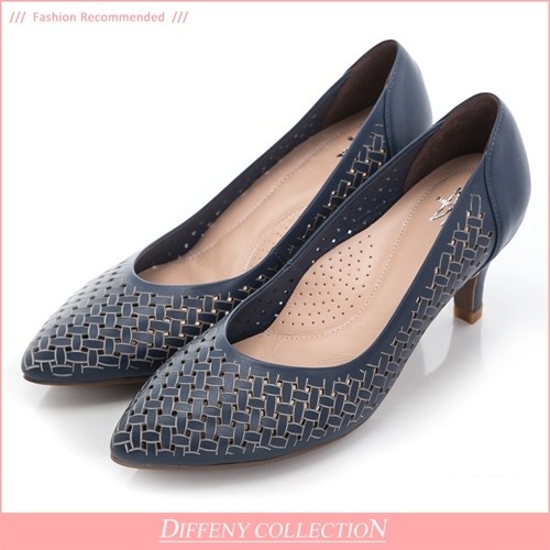 DN 優雅時尚 質感簍空雕刻真皮跟鞋-藍