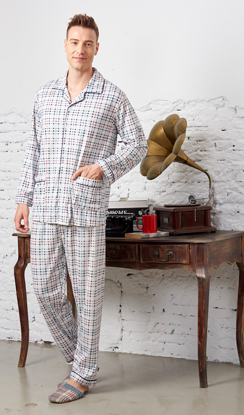 蕾妮塔塔 美式格紋 針織棉男性長袖兩件式睡衣(78220-10藍色)