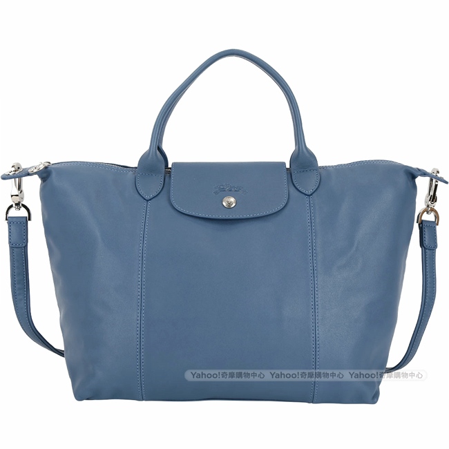 LONGCHAMP Le pliage Cuir 中型短提把羊皮摺疊兩用包(機師藍)