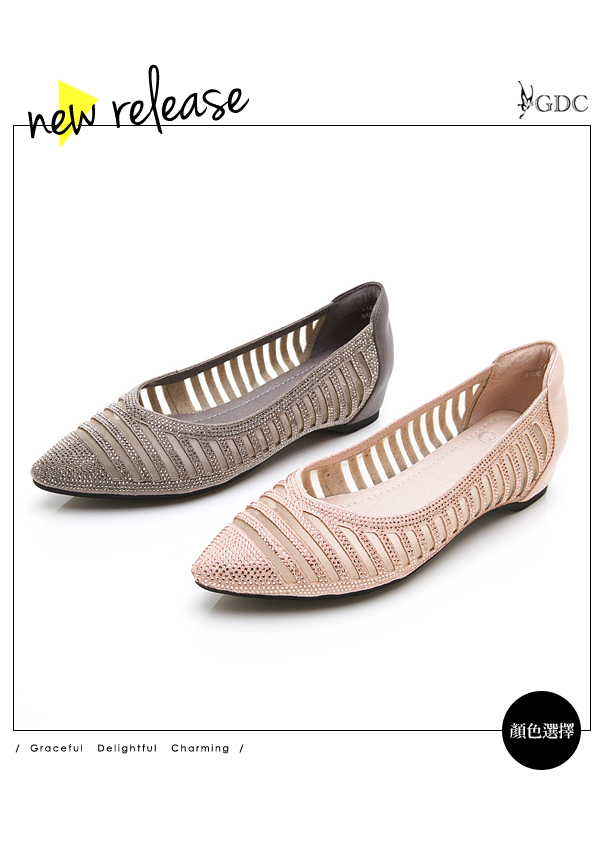 GDC-真皮水鑽橫條造型V型裁切尖頭內增高跟鞋-粉色