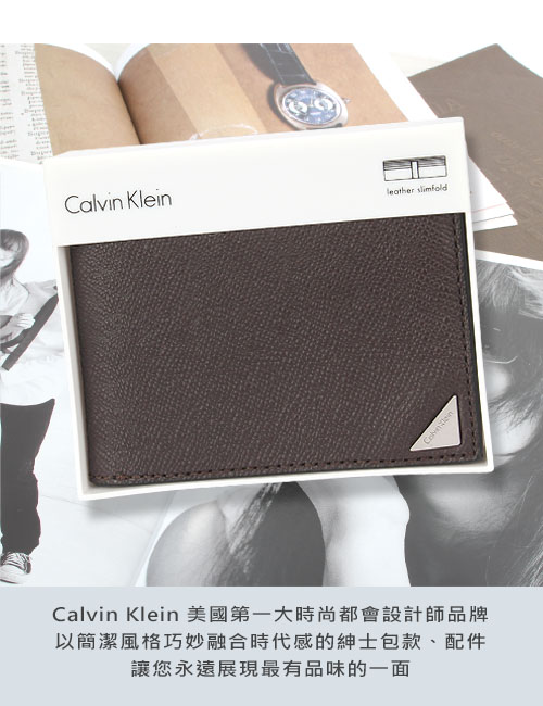 Calvin Klein 經典鐵牌LOGO防刮多卡短夾-咖啡色(加贈帕巾)