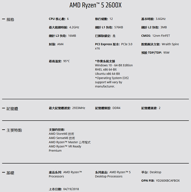 AMD Ryzen 5 2600X 3.6GHz 六核心處理器