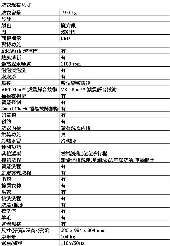 SAMSUNG三星 19KG 變頻滾筒洗脫 洗衣機 WF19N8750KP/TW 魔力銀