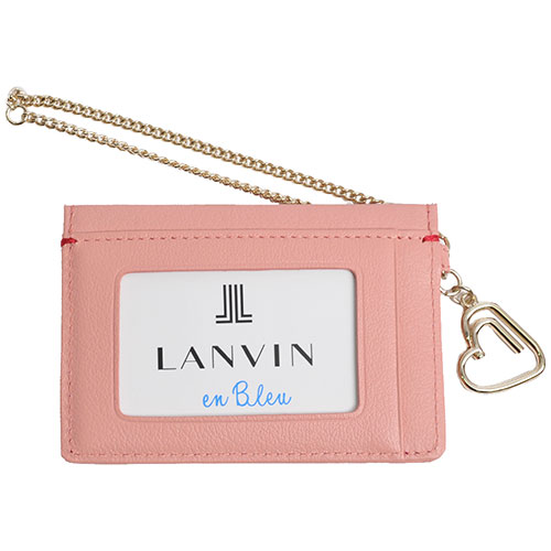 LANVIN 品牌經典LOGO圖騰牛皮愛心掛飾名片夾(粉紅)