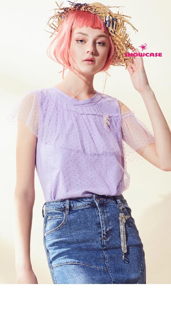 【SHOWCASE】點點網紗單肩無袖T恤(紫)