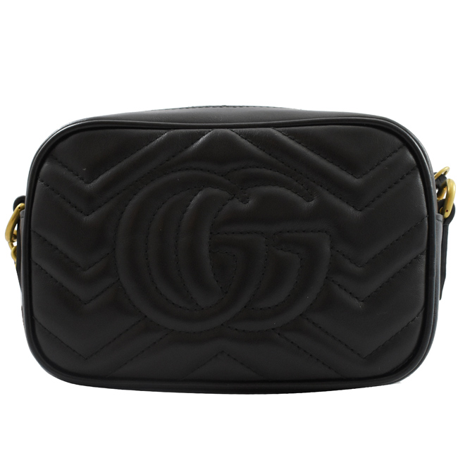 GUCCI Marmont縫線牛皮金屬GG LOGO斜背相機包(黑/18cm)