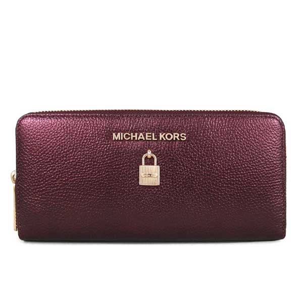 MICHAEL KORS Adele金字Logo鎖頭配飾全皮革ㄇ型拉鏈長夾(香檳紅)