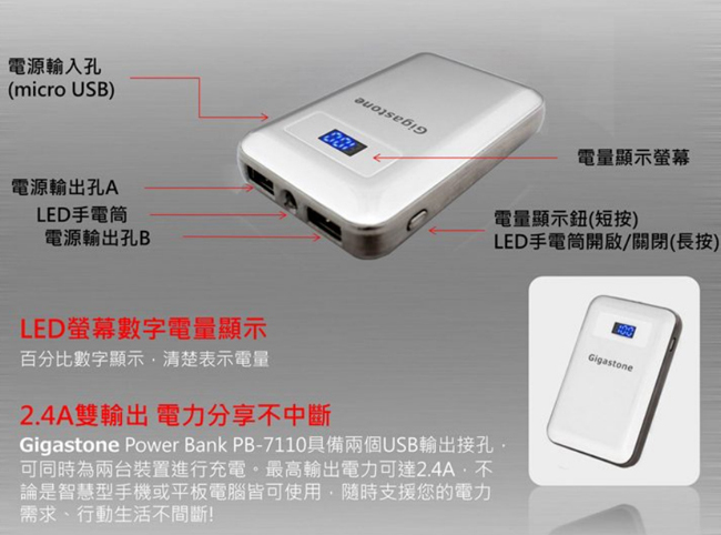 立達國際Gigastone PB7110 10000mAh LED顯示電量行動電源