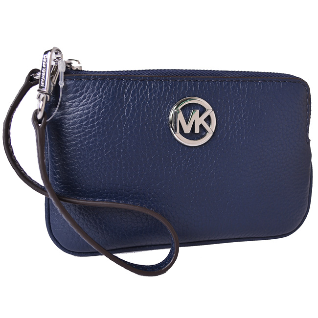 MICHAEL KORS FULTON 銀色圓標LOGO荔枝紋皮革手提/手拿包-海軍藍