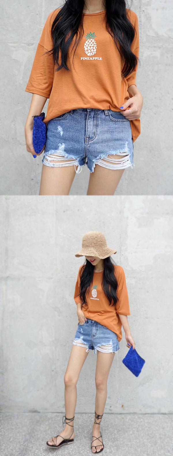 正韓 個性刷破抽鬚潮擺短褲-(藍色)100%Korea Jeans