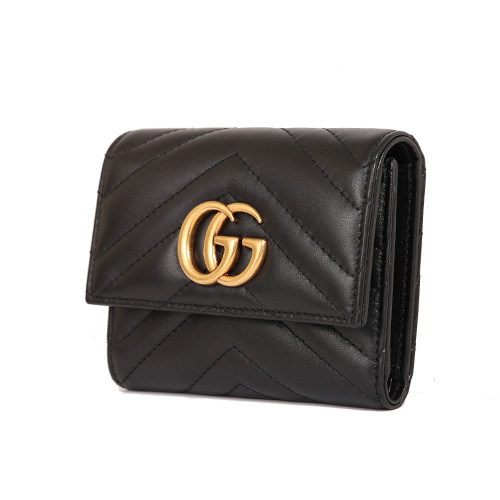 GUCCI Marmont 斜紋復古金屬LOGO 三折釦式短夾(黑色)