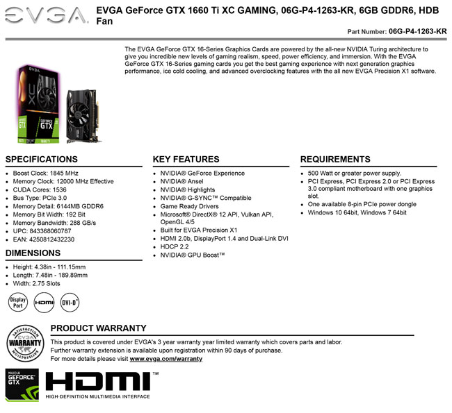 艾維克EVGA GTX1660Ti 6G XC GAMING GDDR6 PCI-E顯示卡