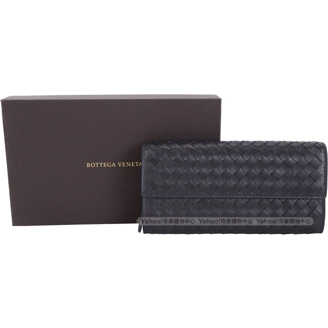 BOTTEGA VENETA 經典小羊皮手工編織長夾(夜藍色)