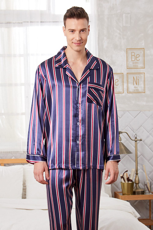 睡衣 時尚絲滑條紋 男性長袖兩件式睡衣(R78216-10藍色) 蕾妮塔塔