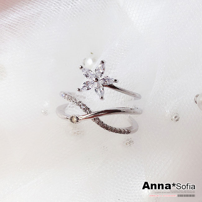 【3件5折】AnnaSofia 花綻波線美晶 層次開口戒指(銀系)