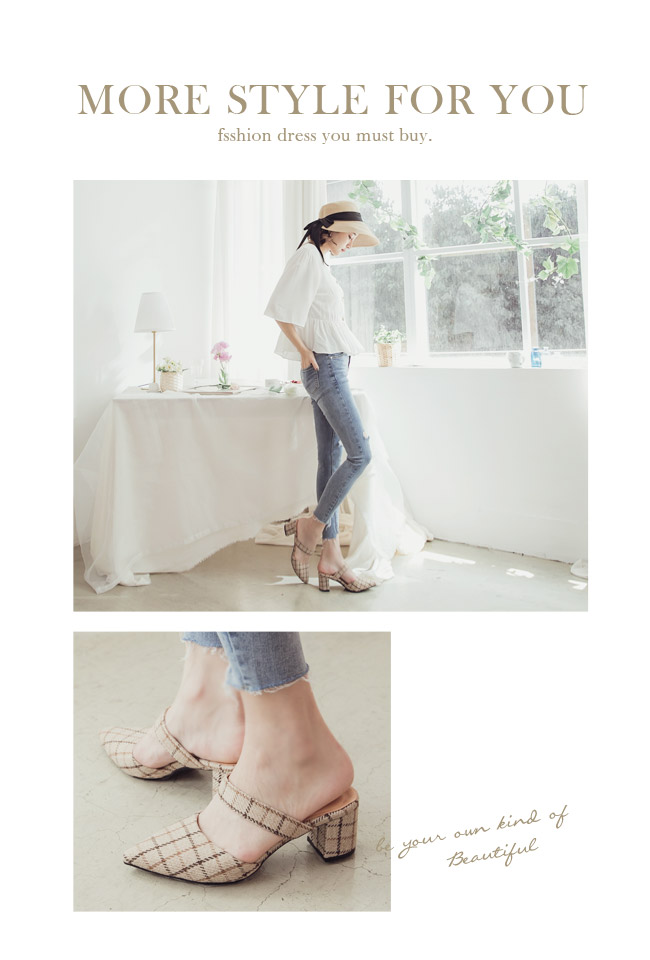 Ann’S春季感格紋-蝴蝶結2way粗跟穆勒鞋-米(版型偏小)