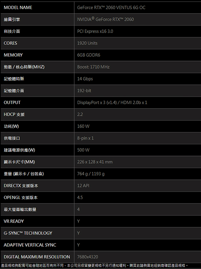 (無卡分期12期)MSI GeForce RTX 2060 VENTUS 6G OC顯示卡