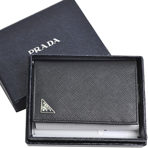 PRADA SAFFIANO 立體三角LOGO防刮皮革卡片夾(黑色)