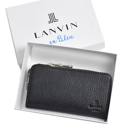 LANVIN en Bleu 品牌經典LOGO圖騰牛皮拉鍊零錢鎖包(黑)