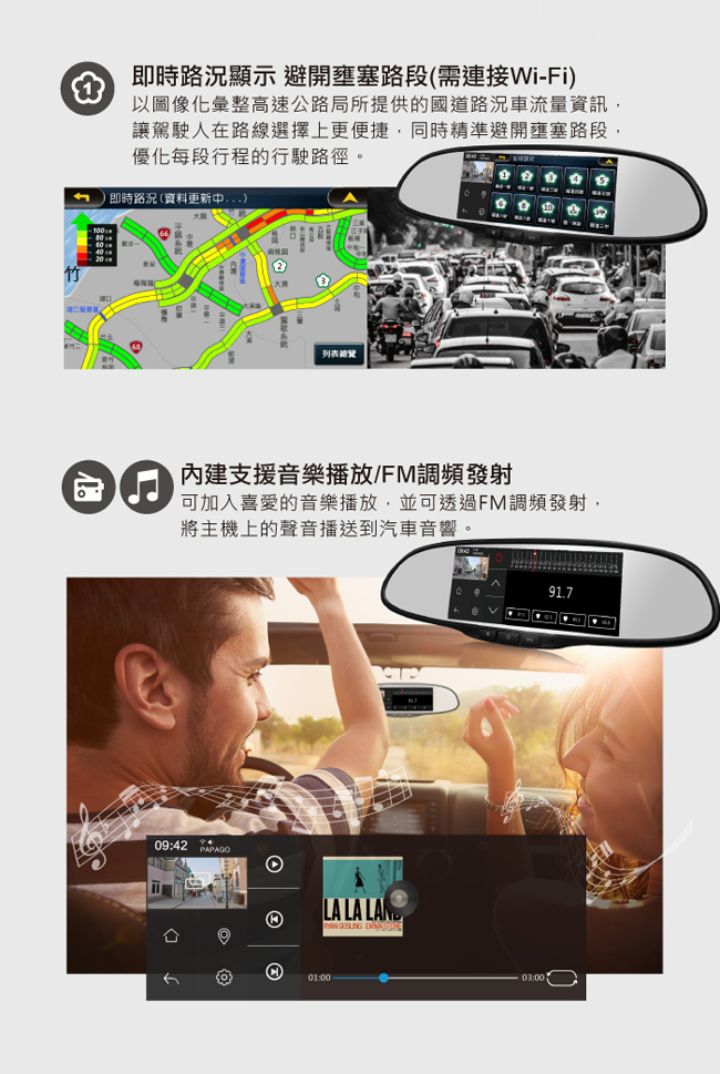 【PAPAGO! 】GoSafe A723 WI-FI後視鏡聲控導航行車記錄器