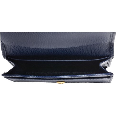 PRADA SAFFIANO METAL金屬浮雕LOGO防刮牛皮釦式信用卡/名片夾(墨藍)