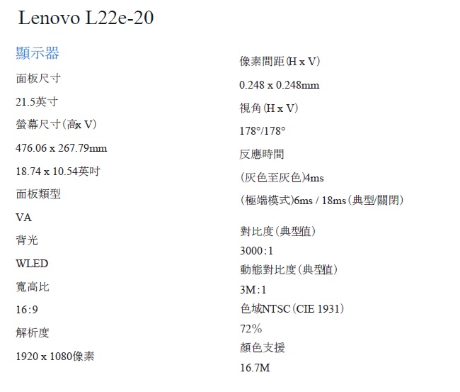 Lenovo L22e-20 系列 22型 VA防眩光顯示器