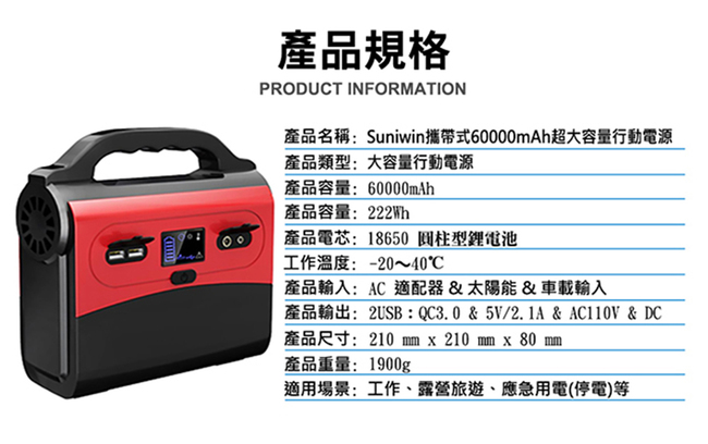 Suniwin攜帶式60000mAh超大容量行動電源PS200_戶外移動式UPS_雙AC插